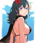 1girl alluring back big_breasts bikini black_bikini black_cape blue_sky breasts byleth_(female) byleth_(fire_emblem) byleth_(fire_emblem)_(female) cape closed_mouth cloud commentary_request fire_emblem fire_emblem:_three_houses fire_emblem_heroes flower from_side hair_between_eyes hair_flower hair_ornament hibiscus high_res long_hair looking_at_viewer nintendo official_alternate_costume peach11_01 purple_eyes red_flower sideboob sky smile swimsuit teal_hair twitter_username upper_body
