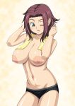  1girl areola areolae bad_id blush breasts code_geass kallen_stadtfeld kasanui large_areola large_areolae large_breasts nipples one_eye_closed panties panties_only short_hair solo topless towel underwear underwear_only wet wink 