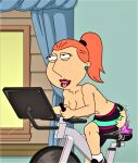 1girl big_breasts breasts dildo dildo_sitting exercise_bike family_guy female_only gp375 hanging_breasts lois_griffin no_panties shorts thighs tongue_out topless topless_female torn_clothes vaginal_penetration