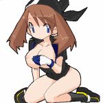 1girl alternate_breast_size alternate_color ass bandana bandanna blue_eyes bottomless breasts brown_hair covering covering_breasts erect_nipples fingerless_gloves gloves hat huge_breasts kneeling large_breasts long_hair lowres may_(pokemon) nipples oekaki open_clothes open_shirt pokemon shirt simple_background solo white_background