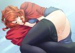  1girl angel_howling ass breasts censored covering covering_face covering_mouth endure_to_moan female fingering hand_over_mouth highres long_hair lying masturbation mizu on_side orange_hair pantyhose pantyhose_pull ponytail pussy_juice red_eyes red_hair solo takasugi_rinko 