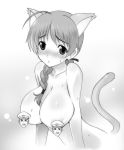  1girl animal_ears braid breasts bust cat_ears cat_tail censored hair_over_shoulder huge_breasts kyogoku_shin kyougoku_shin lynette_bishop monochrome nude single_braid solo strike_witches tail topless upper_body 