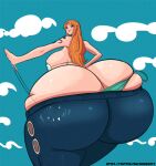  big_breasts brown_eyes butt_expansion dat_ass dumptruck_ass earrings gigantic_ass looking_back malitagonna nami one_piece orange_hair smile 