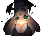  1girl big_breasts blood breasts capcom cleavage collarbone darkstalkers demon_girl ears female gigantic_breasts green_hair imakunni lips lipstick long_hair makeup morrigan_aensland smile solo succubus swimsuit tongue tongue_out vampire_(game) 