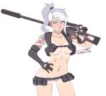 1girl armpit_holster belly belt black_gloves blue_eyes blush contrapposto cosplay ear_piercing earrings eyebrow_piercing female_only gloves gun hair hand_on_hip holster howler_(owler) jewelry kill_la_kill lip_piercing long_hair midriff mismatched_gloves navel nudist_beach_uniform original over_shoulder owler piercing ponytail pubic_hair pussy rifle scope shirt_tan shorts_tan sniper_rifle solo_female suppressor tan tan_line tattoo uncensored utility_belt watermark weapon weapon_over_shoulder web_address white_hair