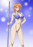  1girl alluring bare_arms bare_legs bare_shoulders big_breasts bikini blue_bikini blush breasts cleavage closed_mouth gradient gradient_background groin hand_on_hip high_res legs looking_at_viewer matching_hair/eyes naked_from_the_waist_down nami_(one_piece) nel-zel_formula one_piece orange_eyes orange_hair pussy short_hair simple_background smile standing swimsuit thighs 