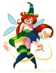 1girl betilla betilla_(rayman) blush boots bottomless breasts embarrassed embarrassing freckles going_commando hat long_hair lums ndasfw no_panties nymph nymph_(rayman) pubic_hair rayman rayman_(series) rayman_origins red_hair smile surprised ubisoft upskirt wide_hips wind_lift wings
