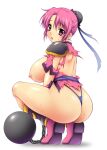  1girl 1girl armor ass ball_and_chain big_breasts blush boots breasts bun_cover chains dragon_quest dragon_quest_dai_no_daibouken exposed g-string looking_back maam nipples onizuka_takuto open_mouth panties pink_eyes pink_hair short_hair squatting sweat thong tiptoes torn_clothes torn_dress underwear wedgie 