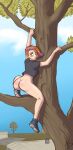  ass blush bottomless climbing embarrassed embarrassed_nude_female embarrassing enf green_eyes looking_back looking_down multicolored_hair solo solo_female tree 