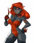 1girl big_breasts black_skin breasts claws cleavage eyebrows genderswap hand_on_hip kill_la_kill lips long_fingers long_hair one-eyed owler personification red_eyes red_hair scar senketsu solo thick_eyebrows yellow_sclera