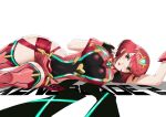 1girl arm_up blush breast_squish breasts earrings fingerless_gloves gloves hair_ornament jewelry large_breasts looking_at_viewer lying lying_on_side nintendo pyra red_eyes red_hair short_hair short_shorts shorts simple_background thigh_high_boots thighs wide_hips xenoblade xenoblade_(series) xenoblade_chronicles_2 zettai_ryouiki