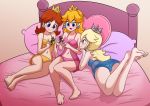  3_girls 3girls ass barefoot bed blonde blonde_hair blue_eyes breasts crown earrings eyebrows_visible_through_hair female female_human female_only flower_earrings human long_blonde_hair long_hair mostly_nude on_bed princess_daisy princess_peach rosalina royalty star_earrings super_mario_bros. underwear 
