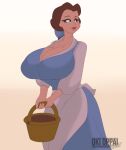 1girl alternate_breast_size beauty_and_the_beast belle big_breasts breasts breasts_bigger_than_head brown_hair cleavage clothed clothed_female disney disney_princess dress female female_only female_solo huge_breasts looking_back massive_breasts okioppai oppaioppaioppai princess_belle sexy sexy_breasts simple_background solo_female