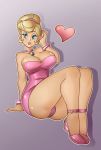  1_girl 1girl bare_shoulders blonde blonde_hair blue_eyes bracelets breasts clothed dress female female_human female_only human legs_together nauth_le_roy nauthleroy panties princess_peach revealing_clothes royalty short_dress solo strapless_dress super_mario_bros. upskirt 