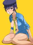  1girl :o androgynous atlus baanin bad_id bangs blue_eyes blue_hair blush body_blush bottomless breast_slip breasts cabbie_hat dress_shirt embarrassed erect_nipples groin hat large_breasts legs looking_at_viewer megami_tensei miyabi_maou mound_of_venus nipples no_bra one_breast_out open_clothes open_shirt peaked_cap persona persona_4 puffy_nipples shadow shiny shiny_skin shirogane_naoto shirt short_hair simple_background sitting solo surprised thick_thighs thighs wariza yellow_background 