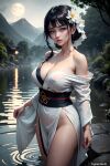  1girl ai_generated breast cleavage female_only flower moon short_hair solo_female trynectar.ai wet 