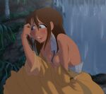  1girl big_breasts blue_eyes blush breasts brown_hair cartoon clothed_female coolerinker disney dress embarrassed female_focus female_only heavy_blush high_res inker_comics inkershike jane_porter lips long_hair mature mature_female solo_female solo_focus sweat sweating sweaty tarzan tarzan_(1999_film) wet wet_body wet_clothes wet_skin yellow_dress 