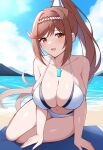  1girl alluring bare_legs big_breasts blue_sky cleavage core_crystal glimmer_(xenoblade) nightcore_(artist) nintendo ocean on_beach_towel pin_up ponytail red_hair xenoblade_(series) xenoblade_chronicles_3 yellow_eyes 