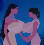  2_girls big_breasts black_eyes black_hair dark_skin disney female/female female_only gigantic_breasts hair_ornament holding_hands looking_at_another nakoma native_american necklace photoshop pocahontas pocahontas_(character) tattoo yuri 