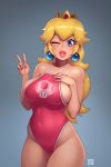  1_girl 1girl blonde blonde_hair blue_eyes breasts crown earrings female female_human female_only human long_blonde_hair long_hair mostly_nude one-piece_swimsuit one_eye_closed princess_peach rizdraws royalty solo super_mario_bros. swimsuit v 