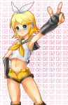  1girl armpits baanin blonde_hair blue_eyes blush female female_only kagamine_rin midriff miyabi_maou no_panties open_clothes open_fly open_shorts outstretched_arm shorts sleeveless_top solo_female unzipped v vocaloid 
