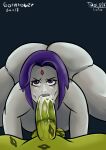  1boy 1girl ass ass_up beast_boy black_background canon_couple cum cum_in_mouth dat_ass dc_comics eyebrows fellatio green_skin grey_skin huge_ass large_penis lipstick lipstick_mark lipstick_on_balls lipstick_on_penis looking_at_viewer male_pov nude overflow penis pov purple_eyes purple_hair raven_(dc) saliva short_hair simple_background tagme teen_titans tool01k wide_hips 