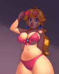  1_girl 1girl blonde blonde_hair blue_eyes breasts crown earrings female female_human female_only human long_blonde_hair long_hair looking_at_viewer mostly_nude princess_peach rizdraws royalty solo super_mario_bros. swimsuit v 
