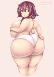chubby covering_breasts deviantart hand_bra hand_on_ass looking_at_viewer looking_back looking_back_at_viewer oc original original_character panties pixiveo smile topless white_panties