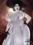 alcina_dimitrescu brown_hair earrings gigantic_ass gigantic_breasts hand_on_hip hourglass_figure iacolare jacogram lady_dimitrescu milf monster_girl resident_evil resident_evil_8:_village sexy sexy_ass sexy_body sexy_breasts vampire white_dress yellow_eyes