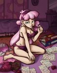  1girl bra cheerilee cheerilee_(mlp) female female_only female_teacher friendship_is_magic green_eyes humanized indoors long_hair looking_at_viewer mostly_nude my_little_pony panties pen pen_in_mouth sitting solo teacher 