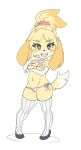 1girl animal_crossing animal_crossing_new_leaf animal_ears anthro belly bikini blonde_hair blush_stickers breast_hold breasts canid canine canine_humanoid covered_nipples dog_ears dog_tail doubutsu_no_mori erect_nipples flat_color furry hair hair_tie high_heels highres isabelle_(animal_crossing) jingle_bell lowleg lowleg_bikini mammal maniacpaint micro_bikini navel nintendo open_mouth ponytail scrunchie secretary shih_tzu shizue_(doubutsu_no_mori) side-tie_bikini small_breasts smile solo striped striped_legwear swimsuit tail thick_ass thick_legs thick_thighs topknot underboob vertical-striped_legwear vertical_stripes white_legwear yellow_fur