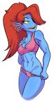 1girl 2010s 2018 2d 2d_(artwork) anthro anthro_only areola ass black_eyepatch blue_body blue_skin bottomwear bra breasts cleavage clothed clothed_anthro clothed_female clothing deviantart digital_media_(artwork) ear_fins eyelashes eyepatch female_only fish fish_girl hair hair_over_one_eye hand_on_breast hand_on_own_breast high_res long_hair looking_away medium_breasts midriff monster monster_girl navel newgrounds nipples non-mammal_breasts non-mammal_navel non-mammal_nipples open_mouth panties pink_bra pink_panties pink_underwear ponytail pussy red_hair red_ponytail relatedguy sharp_teeth slit_pupils solo_anthro solo_female topwear transparent_background undertale undertale_(series) underwear undyne video_game_character video_games yellow_sclera yellow_teeth