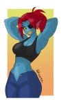 1girl 2020s 2023 2d 2d_(artwork) abs anthro anthro_only armpits artist_name ass big_breasts black_crop_top black_eyepatch black_tank_top black_topwear blue_body blue_bottomwear blue_skin bottomwear breasts cleavage clothed clothed_anthro clothed_female clothing crop_top deviantart digital_media_(artwork) ear_fins eyepatch female_abs female_anthro female_only fins fish fish_girl hair hands_behind_head head_fins long_hair looking_at_viewer marine midriff monster monster_girl muscle muscular muscular_anthro muscular_female navel nipples non-mammal_breasts pinup ponytail pussy red_hair red_ponytail sharp_teeth simple_background slit_pupils solo_anthro solo_female tank_top teeth topwear undertale undertale_(series) undyne unzipped unzipped_pants video_game_character video_games white_border wixedecho yellow_sclera yellow_teeth
