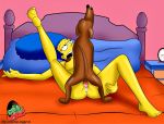  beastiality breasts crocsxtoons_(artist) dark_nipples dog_penis marge_simpson penis_in_pussy santa&#039;s_little_helper sex_on_bed the_simpsons yellow_skin 