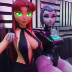  2girls 3d 3d_(artwork) big_breasts blender breasts dc_comics female female_only green_eyes koriand&#039;r latex_suit night_club outfit party petru purple_eyes purple_hair purple_skin rachel_roth raven_(dc) red_hair sexy starfire teen_titans thick_thighs 