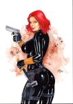 1girl 2018 abstract_background ass assassin avengers big_ass big_breasts black_bodysuit black_gloves black_latex black_leather black_widow blue_eyes bodysuit breasts comic_book_character curvaceous curvy dagger dat_ass dated ed_benes_studio erect_nipples erect_nipples_under_clothes eyeshadow female_only from_behind gloves gun holding_gun holding_knife holding_pistol holding_weapon human iago_maia knife latex leather leather_gloves makeup marvel marvel_comics mascara natasha_romanoff nipple_bulge nipples pinup pistol pouch red_hair s.h.i.e.l.d. short_hair signature skintight_bodysuit solo_female solo_focus spy superheroine tagme thick_ass thick_thighs thighs voluptuous weapon widow&#039;s_bite