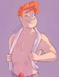 1boy 60_parsecs! baby_bronco bruises color dilf ginger ginger_hair grin human looking_away male male_focus male_only muscular_male nervous_smile no_visible_genitalia one_eye_closed orange_hair shirtless solo_male sweat sweating towel_around_neck unibrow watermark xxdemonpeachxx young_male