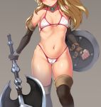  136 1girl armour battle_axe belly bikini blonde_hair blush boots breasts cameltoe choker collarbone cropped elbow_gloves embarrassed erect_nipples facecut female female_only fingerless_gloves gloves grey_background hair highres holding imazon impossible_armour kusugawa_sasara long_hair micro_bikini midriff mound_of_venus navel revision shield simple_background solo stockings sweat swimsuit thigh_high_boots to_heart to_heart_2 to_heart_2_dungeon_travelers 