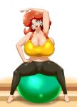  1girl barefoot big_breasts blue_eyes bra breasts brown_hair clothed_female earrings female_focus female_only huge_breasts long_hair mario_(series) mature mature_female princess_daisy sexy sexy_body sexy_breasts solo_female solo_focus speeds video_game_character video_game_franchise yoga yoga_pants 