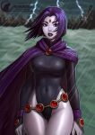  1girl 1girl 1girl astrowolf belt black_lipstick blue_eyes cameltoe cloak dc_comics detailed_background female_only forehead_jewel grey_skin high_res hooded_cloak legs_together leotard looking_at_viewer medium_hair purple_hair raining raven_(dc) sea teen_titans thick_thighs thigh_gap 