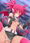  1girl alternate_breast_size bat_wings belt breast_grab breasts censored demon_girl disgaea disgaea_d2 elbow_gloves etna female girl_on_top gloves grabbing highres makai_senki_disgaea nac000 navel nipples open_mouth penis pointy_ears red_eyes red_hair sex shorts_aside small_breasts tail thighhighs twintails vaginal wings 