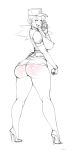  ass blush breasts female from_behind hat headgear high_heels junsaa_(pokemon) large_breasts legoman lm_(legoman) looking_at_viewer looking_back monochrome nintendo open_mouth poke_ball pokemon pokemon_(anime) repost tongue 