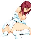  1girl ass blush bottomless breasts female kneehighs looking_at_viewer love_live!_school_idol_project nac000 naked_shirt nipples nishikino_maki no_shoes open_clothes open_shirt purple_eyes red_hair shirt short_hair solo white_legwear 