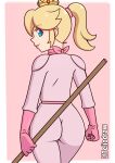  1girl 1girl 1girl blonde_hair blue_eyes bodysuit crown dat_ass female_only fully_clothed headgear illumination mario_(series) nintendo ponytail princess_peach standing tagme teliodraw the_super_mario_bros_movie tied_hair tight_clothing 
