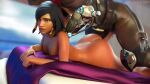  1boy 1girl big_breasts big_penis black_hair bouncing_ass bouncing_breasts brown_eyes bubble_butt cakeofcakes dark-skinned_female from_behind moaning overwatch pharah_(overwatch) prone_bone thick_thighs vaginal_penetration 