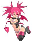  1girl :o alternate_breast_size bandeau bat_wings belt boots breasts cleavage demon_girl disgaea earrings elbow_gloves etna female flat_chest gloves highres jewelry makai_senki_disgaea nac000 navel pointy_ears red_eyes red_hair shiny shiny_skin skindentation skirt small_breasts solo tail thigh_boots thighhighs twintails white_background wings 