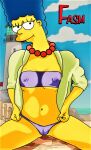  blue_hair bra cameltoe erect_nipples_under_clothes marge_simpson pearls spread_legs the_simpsons thighs thong yellow_skin 