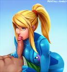  1boy 1girl abs blonde_hair blue_eyes bodysuit breasts crossover fellatio gradient gradient_background hetero lips little_mac long_hair metroid neocoill nintendo nose oral payot penis ponytail punch-out!! samus_aran scrunchie sidelocks skin_tight solo_focus super_smash_bros. uncensored watermark web_address web_address_without_path zero_suit 