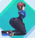  aile ass big bodysuit breasts brown_hair capcom green_eyes kneeling latex looking_at_viewer megaman_zx pussy robot_ears shiny short_hair simple_background spandex thighhighs thighs thong 