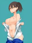  1girl art bare_shoulders big_breasts blue_background blush breasts brown_eyes brown_hair clenched_hand clenched_hands collarbone comic female hair japanese_clothes kaga_(kantai_collection) kantai_collection large_breasts looking_at_viewer nac000 navel nipples nude open_clothes open_mouth open_shirt personification pubic_hair shirt short_hair side_ponytail side_slit simple_background solo topless undressing yellow_eyes 